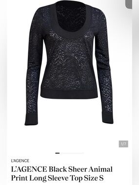 L'AGENCE Black Sheer Animal Print Long Sleeve Top Wool Blend size S